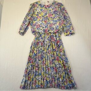 Vintage 80s Floral Midi Dress Pastel Watercolor Pleated Skirt S/M